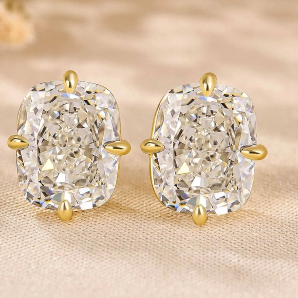 5 ctw Cushion Cut Simulated Diamond Studs Set in Yellow Gold Prongs
